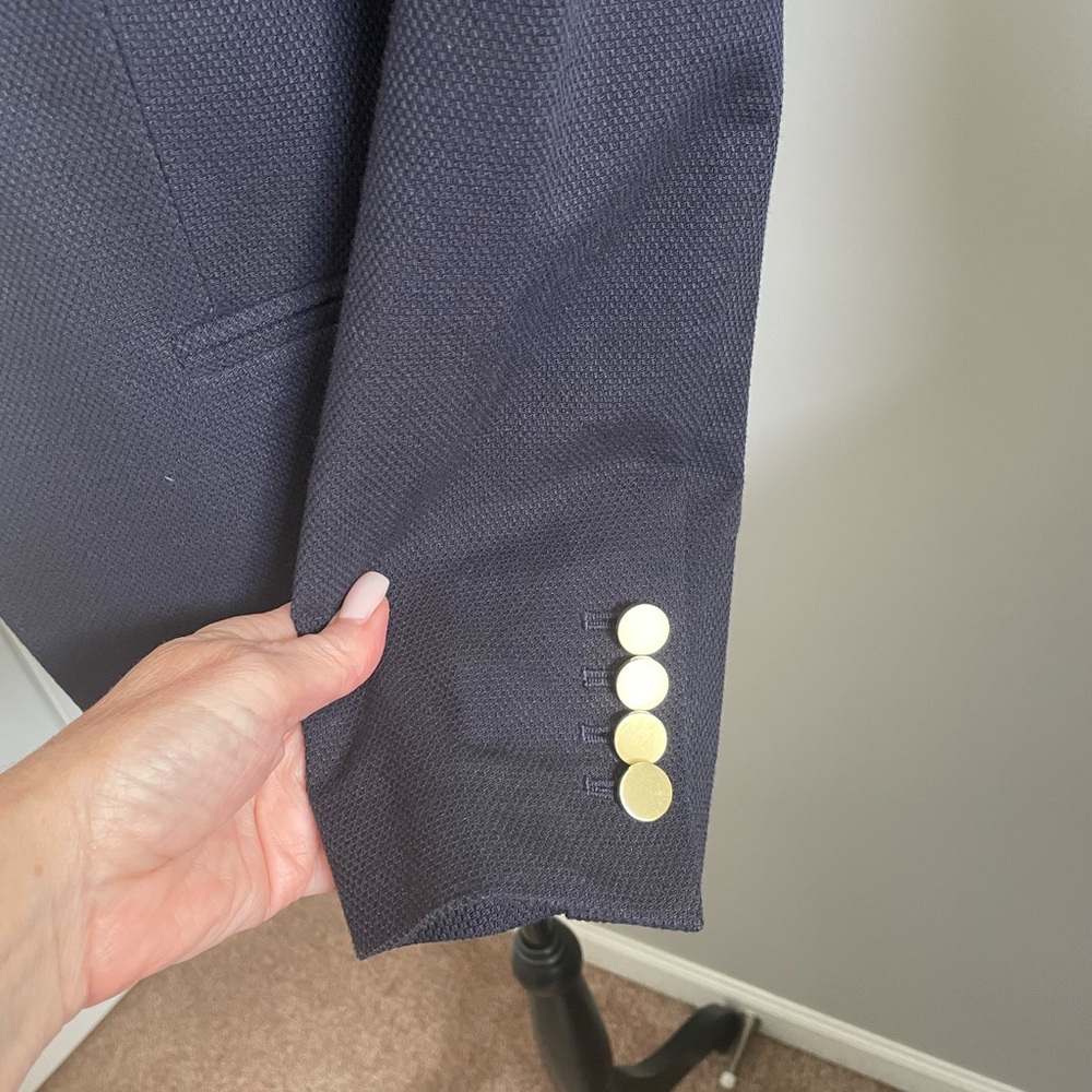 Ann Taylor Navy Textured 3/4 Sleeve Blazer with Polka Dot Cuffs - Picture 2 of 6